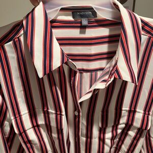 Madison Men's Casual Shirt - Navy, Red, and White Stripes
